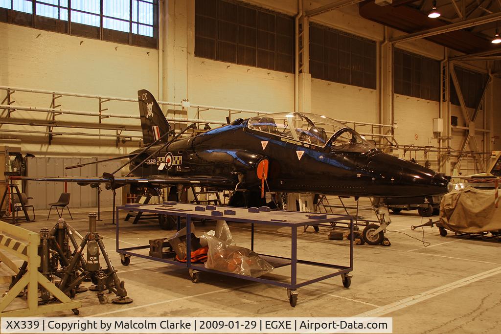 XX339, 1981 Hawker Siddeley Hawk T.1A C/N 188/312163, British Aerospace Hawk T1W in the 100 Sqn hangar at RAF Leeming in 2009.