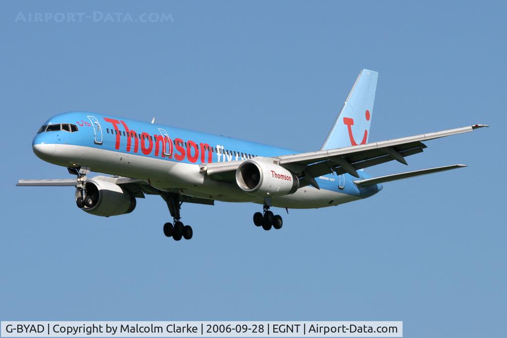 G-BYAD, 1992 Boeing 757-204 C/N 26963, Boeing 757-204 on approach to Rwy 25 at Newcastle Airport in 2006.