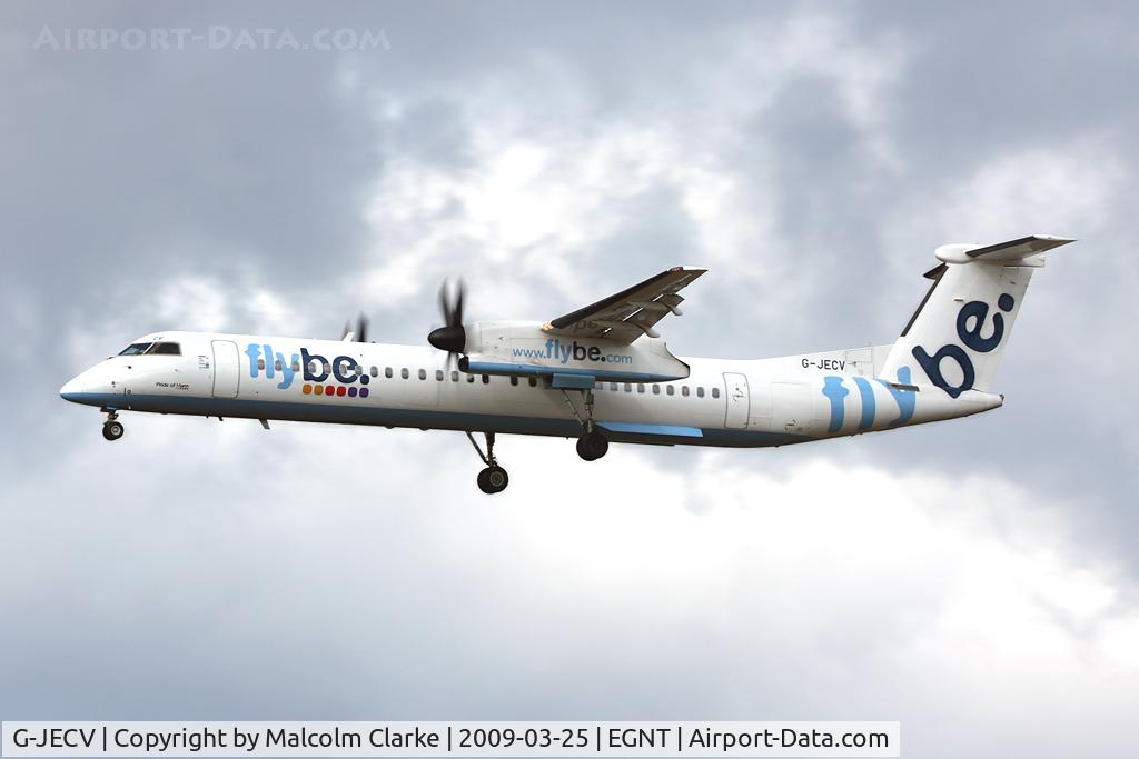 G-JECV, 2007 De Havilland Canada DHC-8-402Q Dash 8 C/N 4148, De Havilland Canada DHC-8-402Q Dash 8 on approach to 25 at Newcastle Airport in 2009.