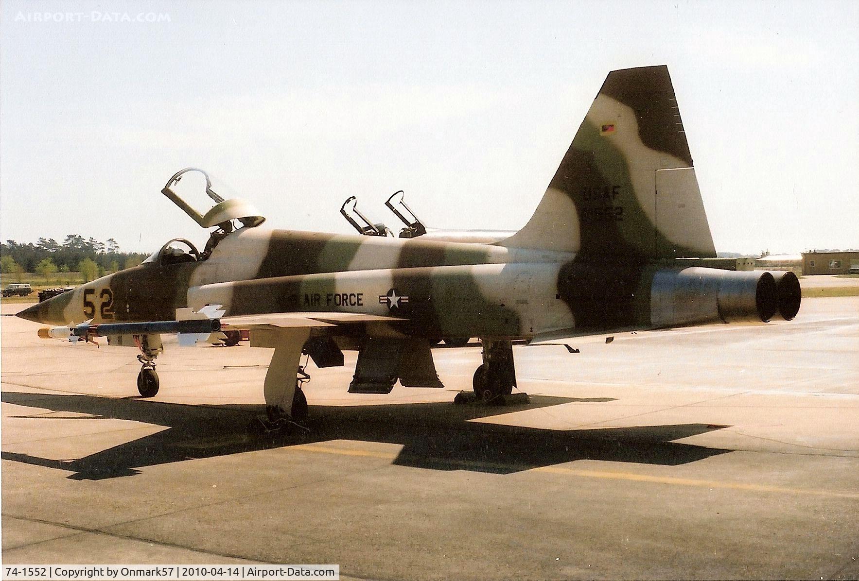 74-1552, 1974 Northrop F-5E Tiger II C/N R.1210, F-5 Freedom Fighter from RAF Alconbury at RAF Lakenheath, Summer 1977.