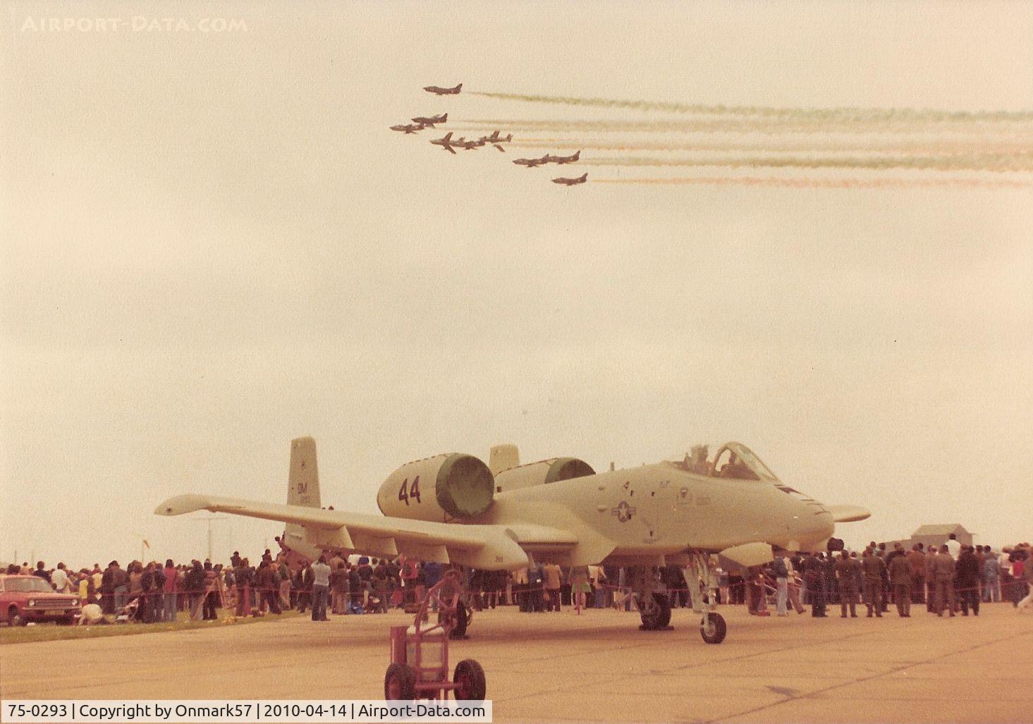 75-0293, 1975 Fairchild Republic A-10A Thunderbolt II C/N A10-0042, On Display at RAF Mildenhall, 1977.  75-0294 Crashed at the Paris Airshow in June 77.