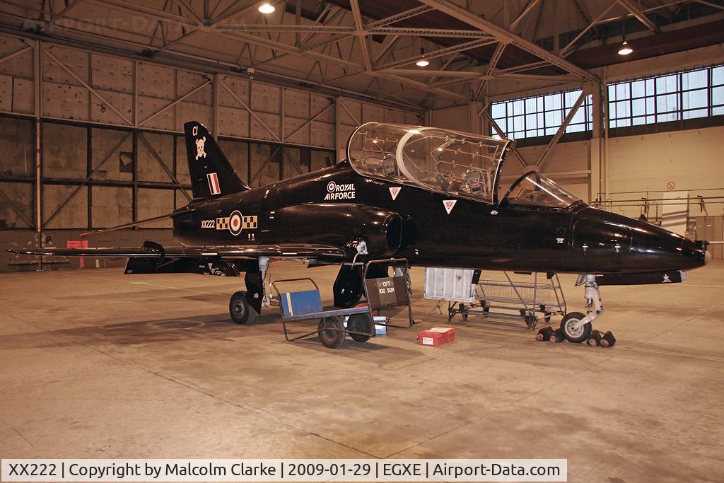 XX222, 1978 Hawker Siddeley Hawk T.1A C/N 058/312058, British Aerospace Hawk T1A in the 100 Sqn hangar at RAF Leeming in 2009.