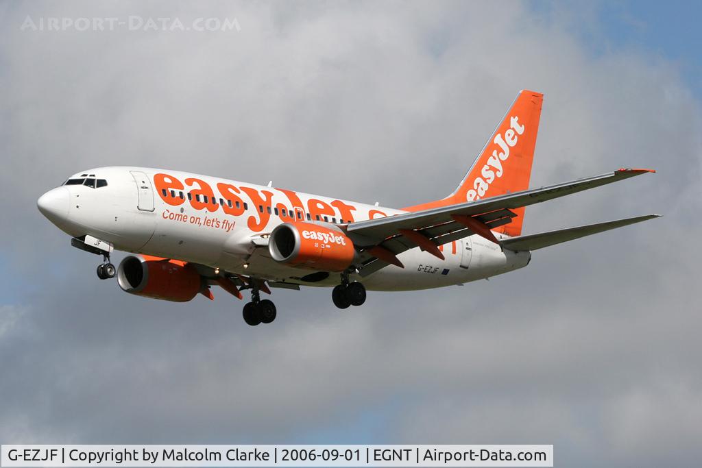 G-EZJF, 2001 Boeing 737-73V C/N 30243, Boeing 737-73V on approach to Rwy 25 at Newcastle Airport in 2006.