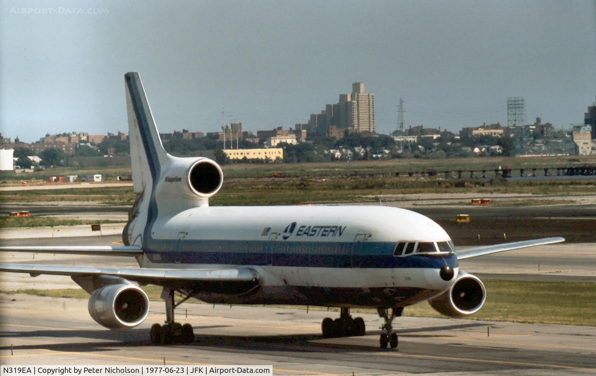N319EA, 1973 Lockheed L-1011-385-1 TriStar 1 C/N 193A-1040, Lockheed TriStar of Eastern Airlines taxying to thr terminal at Kennedy in the Summer of 1977.