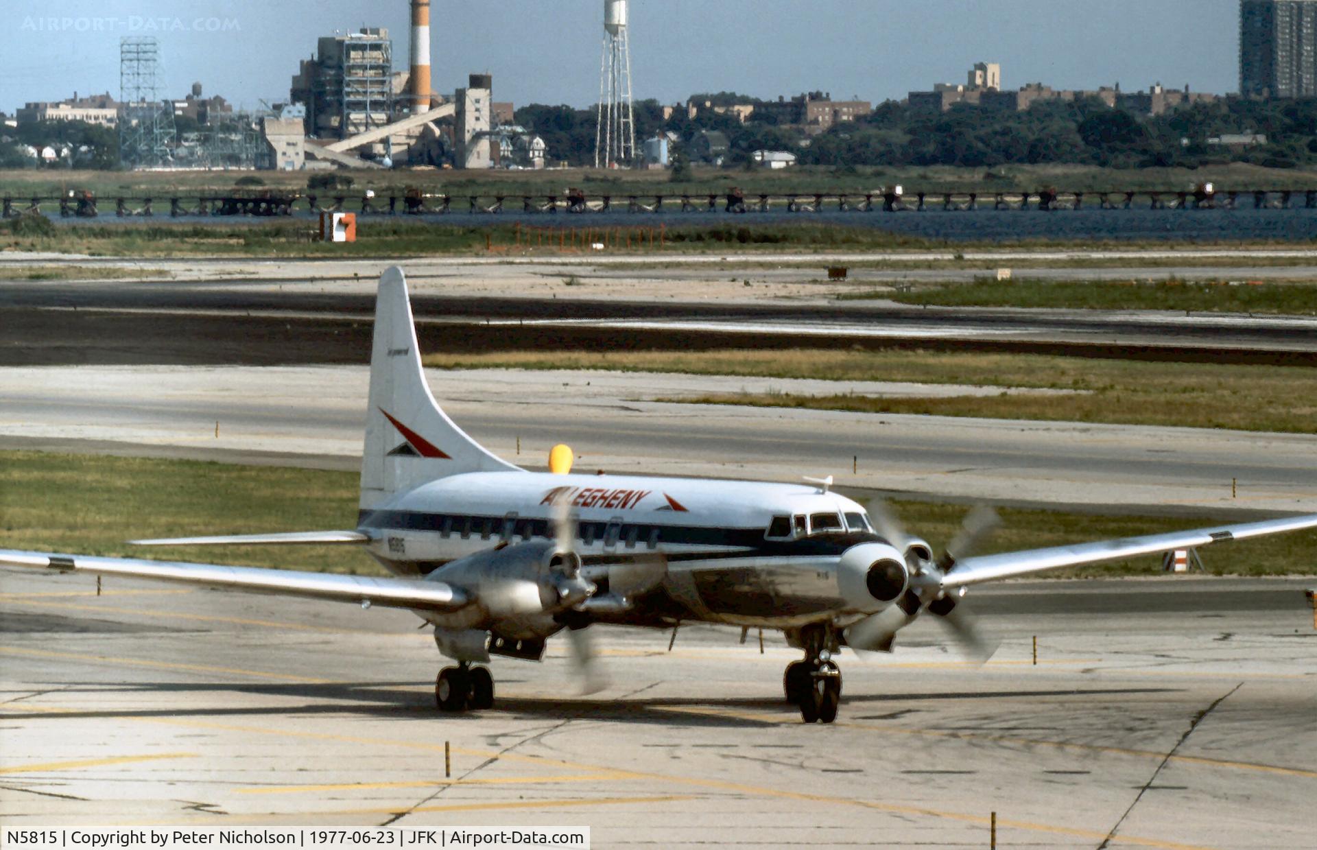 N5815, 1953 Convair 580 C/N 78, Allegheny Airlines Convair 580 taxying to the terminal at Kennedy in the Summer of 1977.