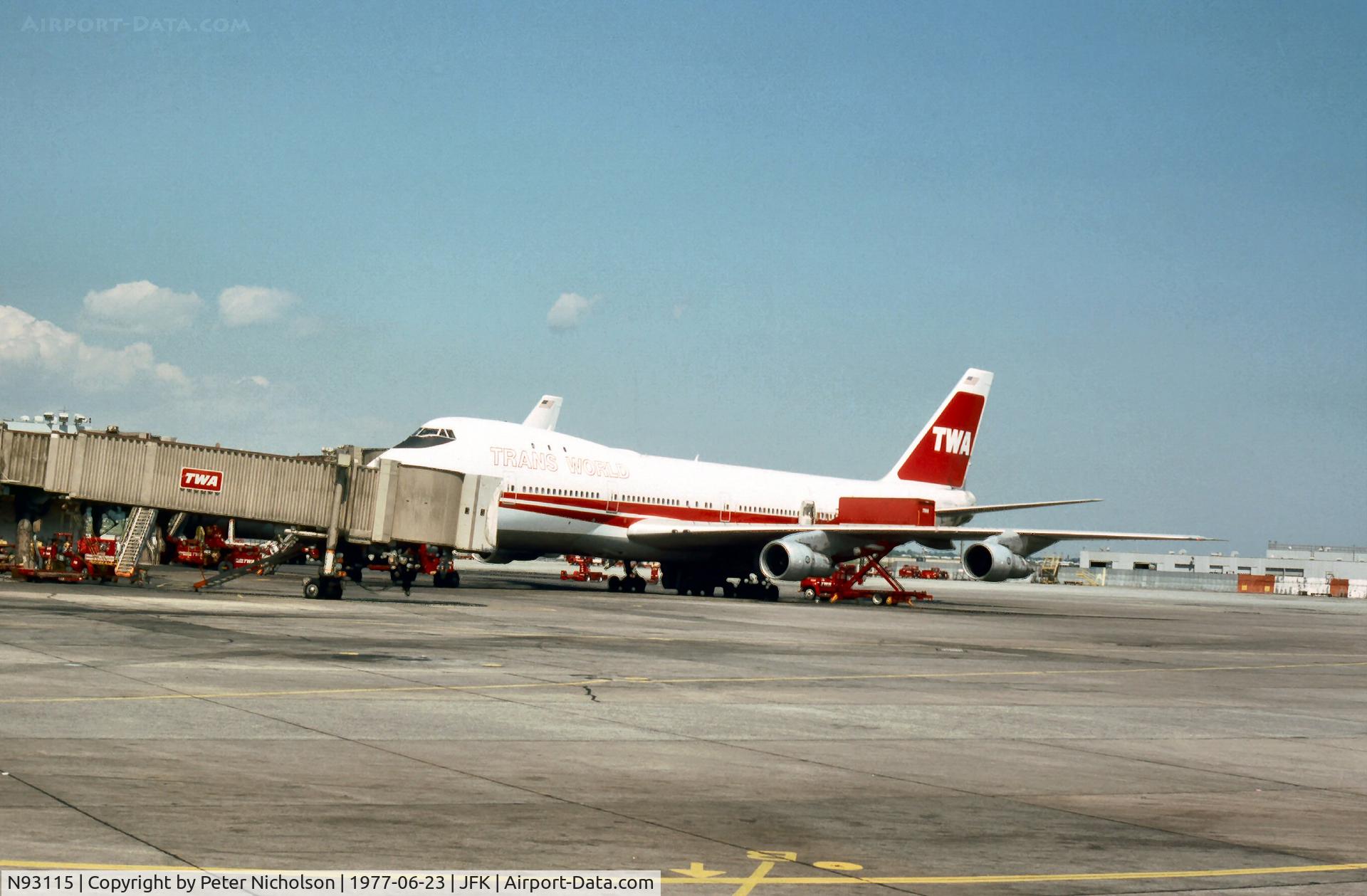 N93115, 1971 Boeing 747-131 C/N 20320, Trans World Airways Boeing 747-131 at the terminal at Kennedy in the Summer of 1977.