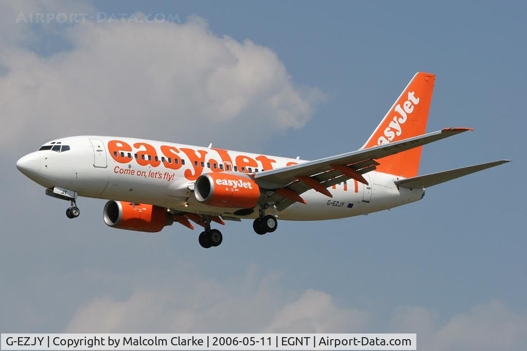 G-EZJY, 2003 Boeing 737-73V C/N 32420, Boeing 737-73V on approach to Rwy 25 at Newcastle Airport in 2006.