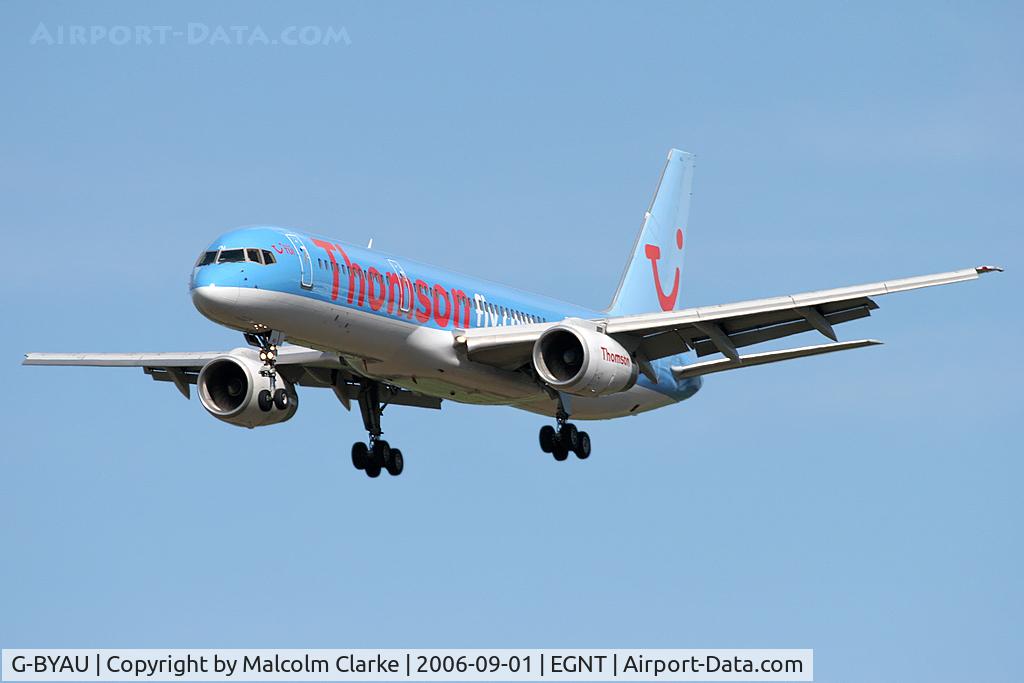 G-BYAU, 1994 Boeing 757-204 C/N 27220, Boeing 757-204 on approach to Rwy 25 at Newcastle Airport in 2006.