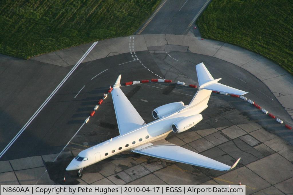 N860AA, 2005 Gulfstream Aerospace GV-SP (G550) C/N 5079, N860AA GV at Stansted, closed by volcanic ash, provides an opportunity for balloon flight