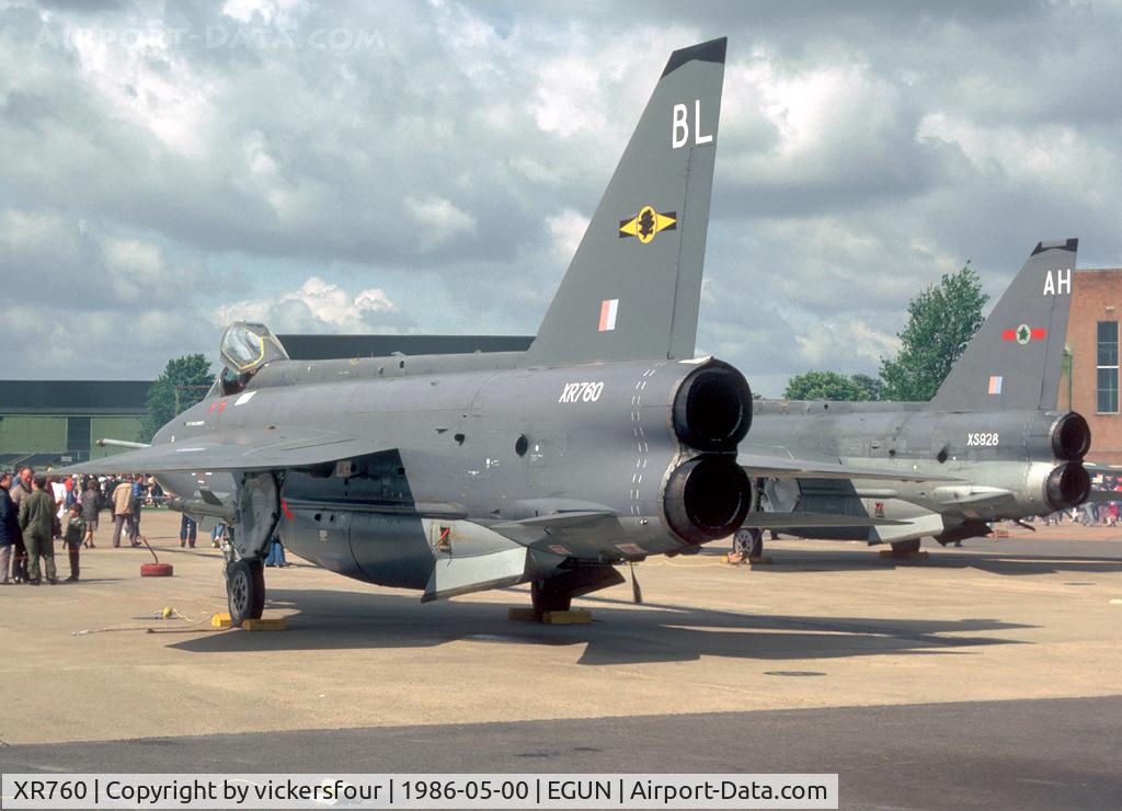 XR760, 1965 English Electric Lightning F.6 C/N 95225, Royal Air Force. Operated by 11 Squadron, coded 'BL'.