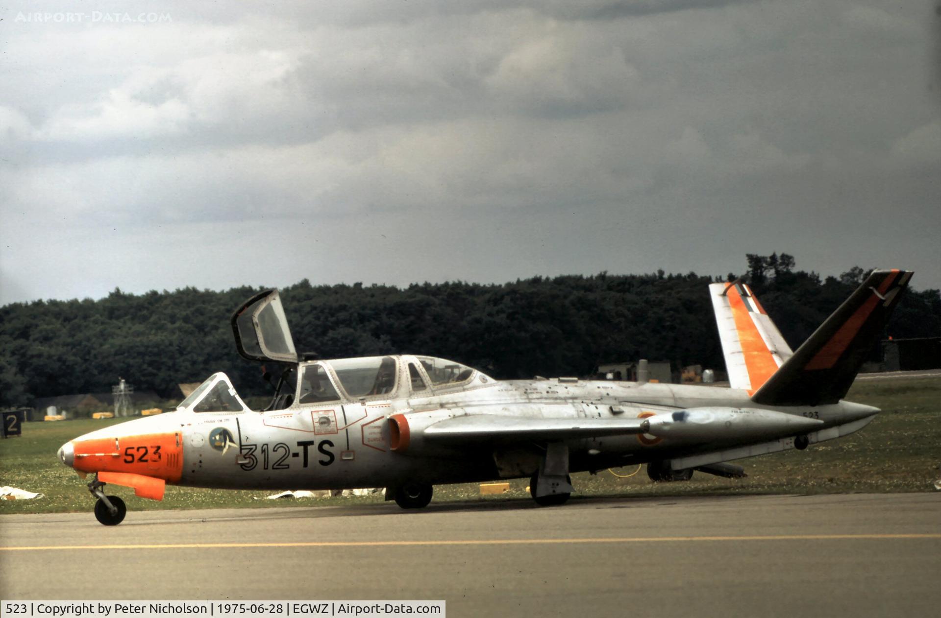 523, Fouga CM-170 Magister C/N 523, CM-170 Magister of French Air Force's GI-312 on display at the 1975 RAF Alconbury Airshow.