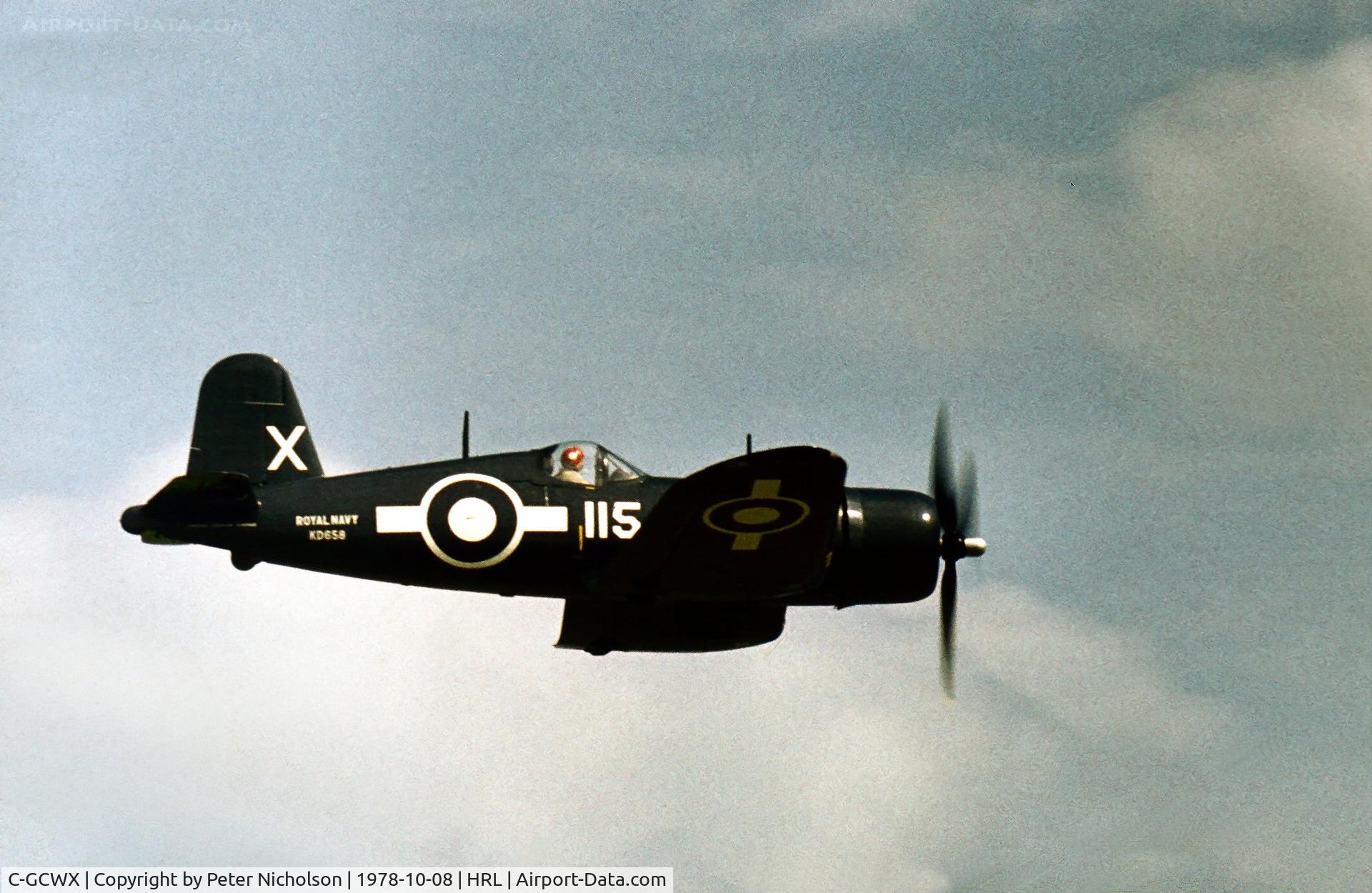 C-GCWX, 1944 Goodyear FG-1D Corsair C/N 3697, FG-1D Corsair of the Canadian Warplane Heritage flown at the 1978 Confederate Air Force's Harlingen Airshow as Royal Navy Corsair IV KD 658.