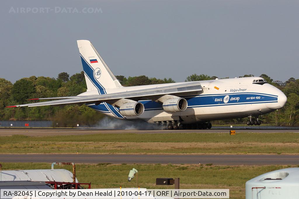 RA-82045, 1991 Antonov An-124-100 Ruslan C/N 9773052255113, Volga Dnepr Airlines An-124-100 Ruslan RA-82045 (FLT VDA4669) touching down on RWY 23 from Huntsville Int'l (KHSV). Originated from Miramar MCAS (KNKX) as VDA4668 to KHSV. The An-124-100 does a lot of contract work for the US Military.