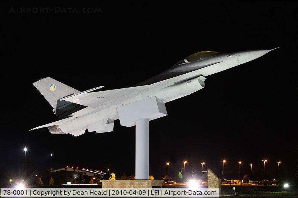 78-0001, 1978 General Dynamics F-16A Fighting Falcon C/N 61-7, 1st operational F-16A Fighting Falcon. 1st flight 8-7-78. Entered service with USAF 388th TFW at Hill AFB 1-6-79. Served with 310th TFTS at Luke AFB, 159th FIS Florida ANG, 134th FIS Vermont ANG, and 107th TFS Michigan ANG. Now displayed at Langley AFB.