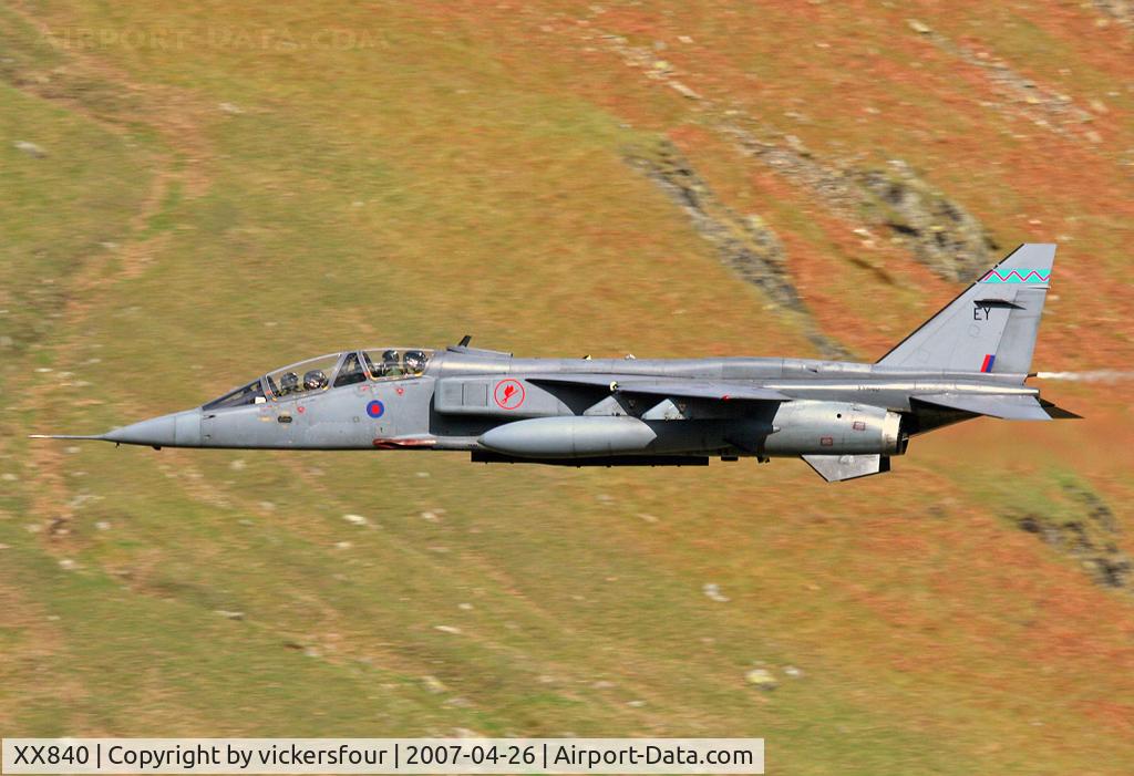 XX840, 1975 Sepecat Jaguar T.4 C/N B.28, Royal Air Force. Operated by 6 Squadron, coded 'EY'. Dunmail Raise, Cumbria.