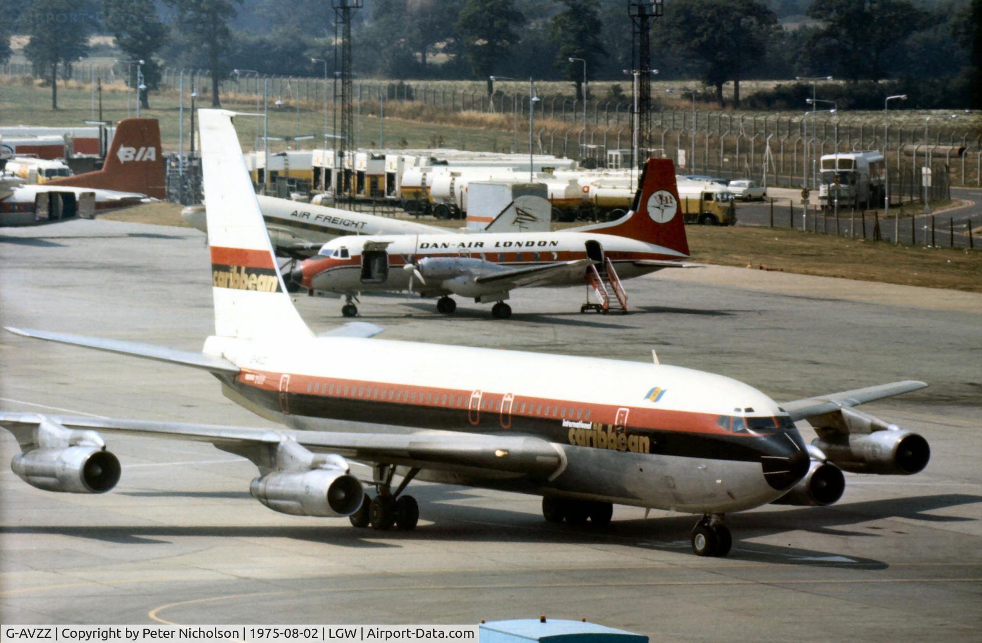 G-AVZZ, 1959 Boeing 707-138B C/N 17699, Boeing 707-138B of Caribbean Airways arriving at Gatwick in the Summer of 1975.