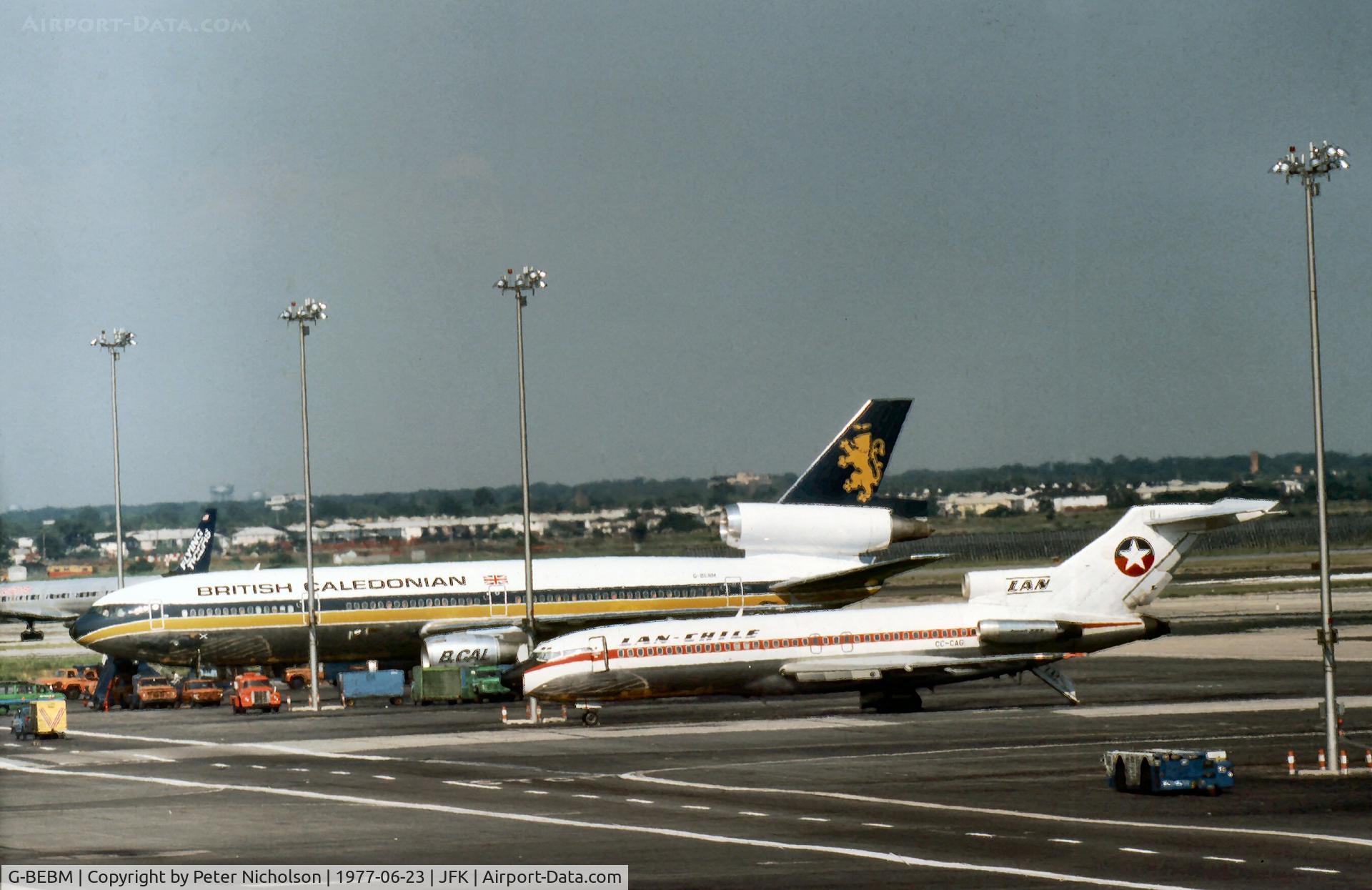 G-BEBM, 1975 McDonnell Douglas DC-10-30F C/N 46921, DC-10-30 of British Caledonian Airways parked at Kennedy in the Summer of 1977.