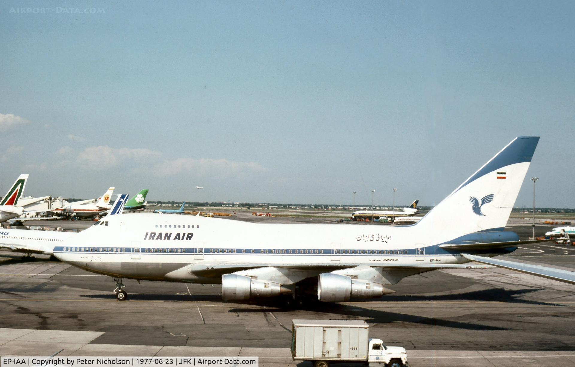 EP-IAA, 1976 Boeing 747SP-86 C/N 20998/275, Special Performance Boeing 747 of Iran Air taxying to the terminal at Kennedy in the Summer of 1977.