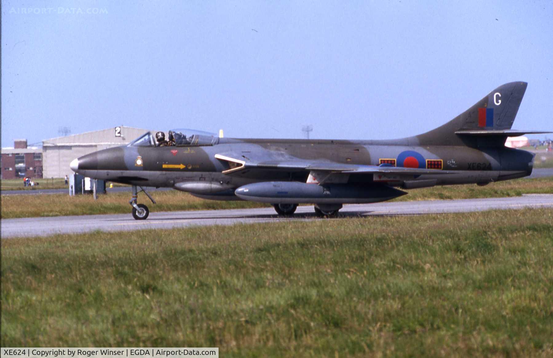 XE624, 1956 Hawker Hunter FGA.9 C/N 41H/679976, G of 263(R) Squadron RAF/(No1)TWU based at RAF Brawdy, Wales, UK. RAF Brawdy Air Day in the late 1970's