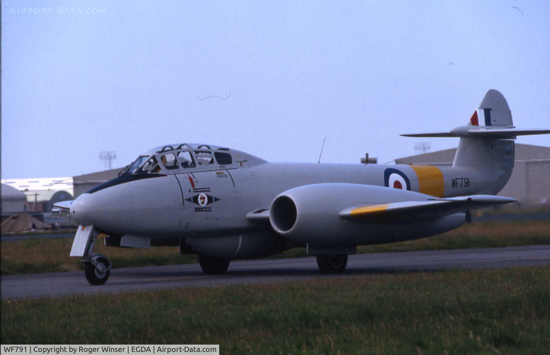 WF791, 1951 Gloster Meteor T.7 C/N 15658, Meteor of the RAF's Vintage Pair at a RAF Brawdy Air Show, Wales, UK in the early 1980's. 