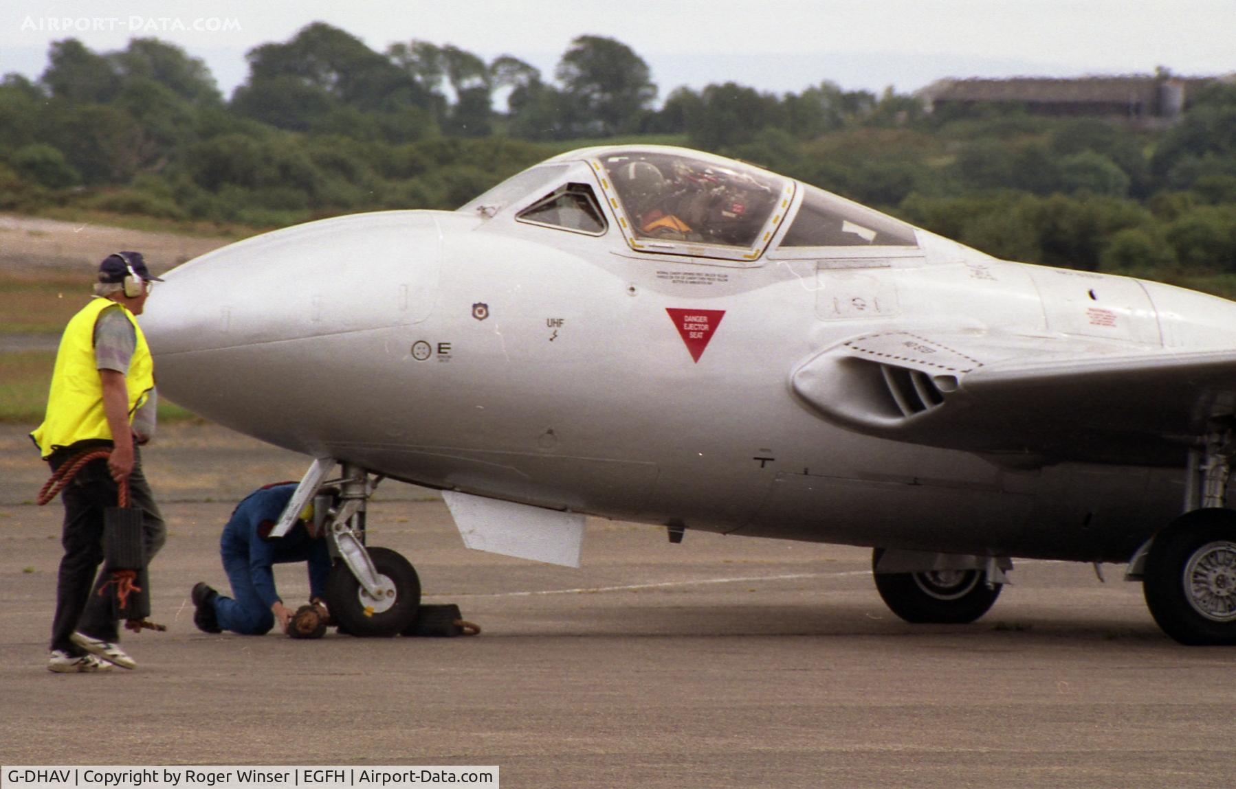 G-DHAV, 1956 De Havilland DH-115 Vampire T.11 C/N 48913, DHA's ex-Swiss AF DH Vampire T.55/U-1234 returning from a flight in 2000