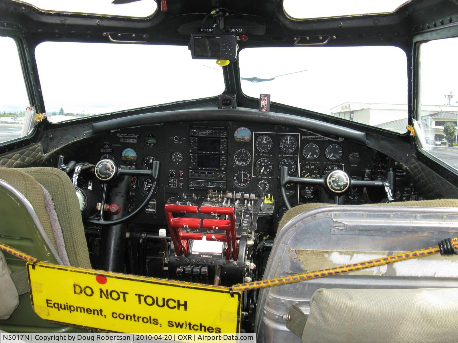 N5017N, 1944 Lockheed/Vega (Boeing) B-17G-105-VE Flying Fortress C/N 8649, 1944 Boeing B-17G Flying Fortress 'Aluminum Overcast', 'greenhouse', flight controls, panels-modenized and engine controls. Note: GPS chartplotter top center between hand holds