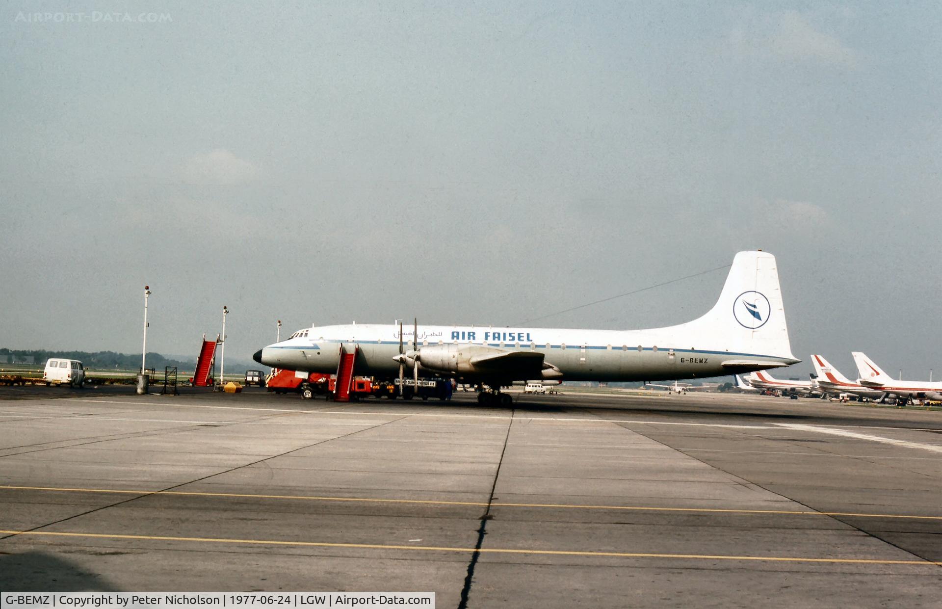G-BEMZ, 1960 Bristol Britannia C.1 (175 Britannia 253F) C/N 13457, Britannia 253F of Air Faisel parked at Gatwick in the Summer of 1977.