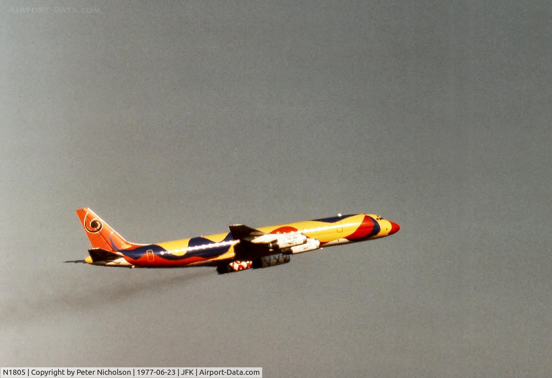 N1805, 1967 Douglas DC-8-62 C/N 45899, Flagship DC-8-62 of the South American fleet of Braniff International Airlines in the distinctive Calder colour scheme departing Kennedy in the Summer of 1977.