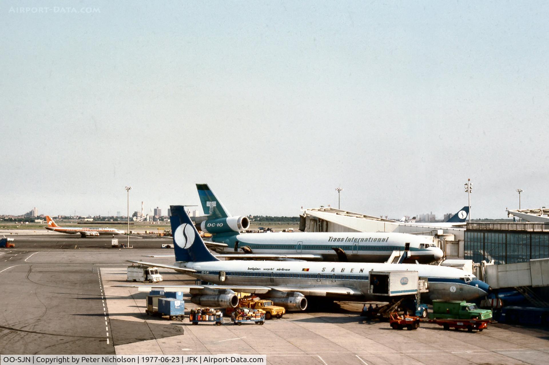 OO-SJN, 1969 Boeing 707-329C C/N 20199, Boeing 707-329C of Sabena seen at Kennedy in the Summer of 1977, later to serve with the NATO Airborne Early Warning Force.