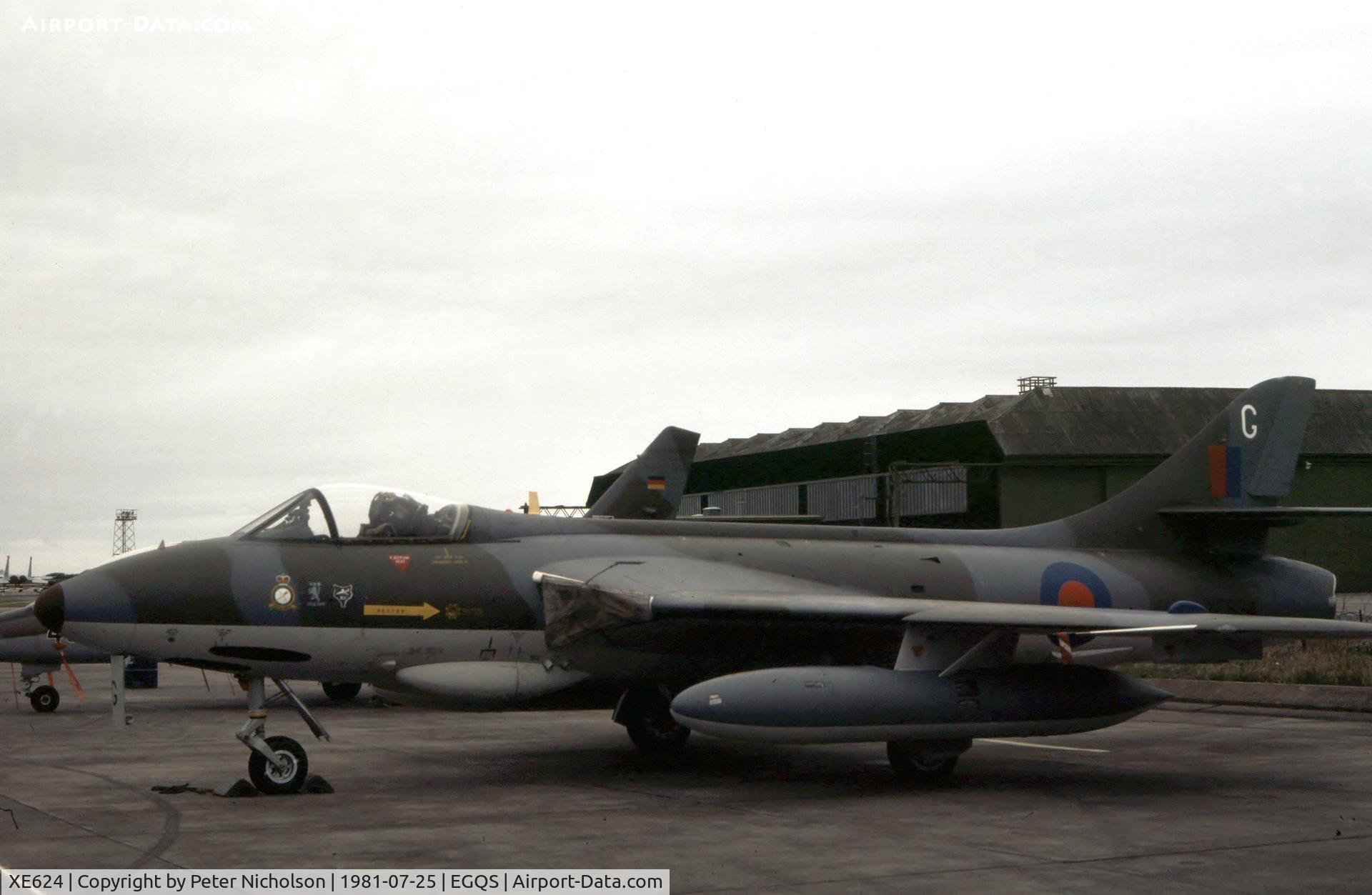 XE624, 1956 Hawker Hunter FGA.9 C/N 41H/679976, Hunter FGA.9 of 1 Tactical Weapons Unit on display at the 1981 RAF Lossiemouth Airshow.