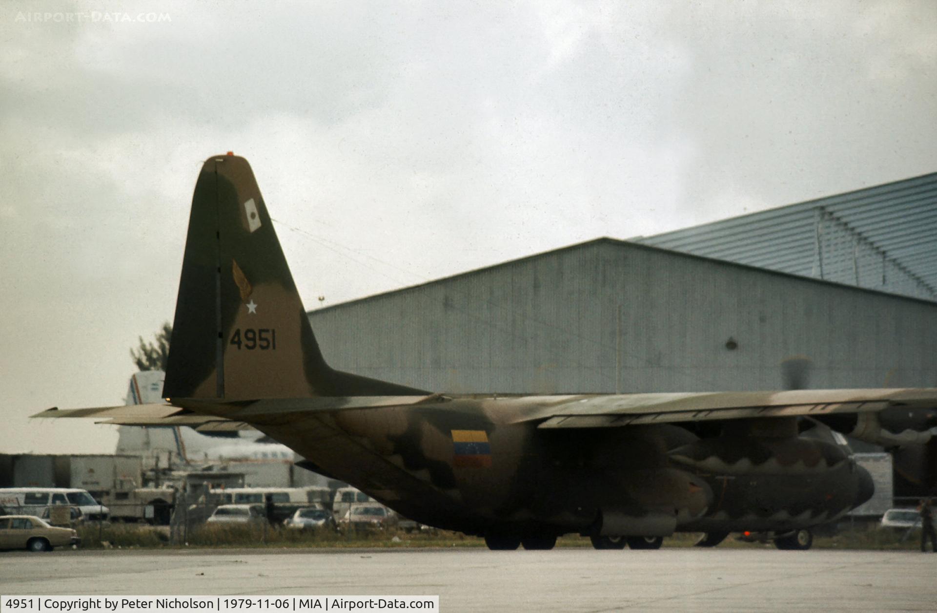 4951, 1971 Lockheed C-130H Hercules C/N 382-4407, Venezuelan Air Force C-130H Hercules undergoing maintainance at Miami in November 1979.