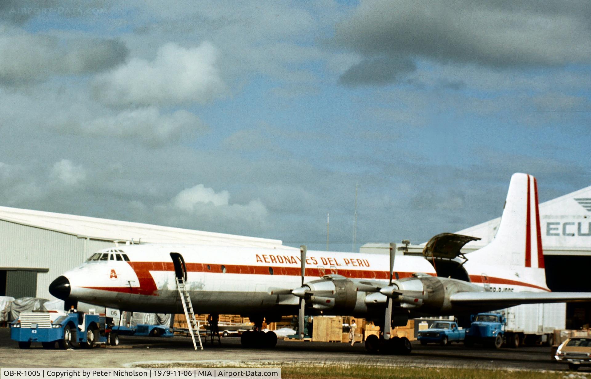 OB-R-1005, 1960 Canadair CL-44-6 (CC-106 Yukon) C/N 6, CL-44-D6 of Aeronaves Del Peru at Miami in November 1979.