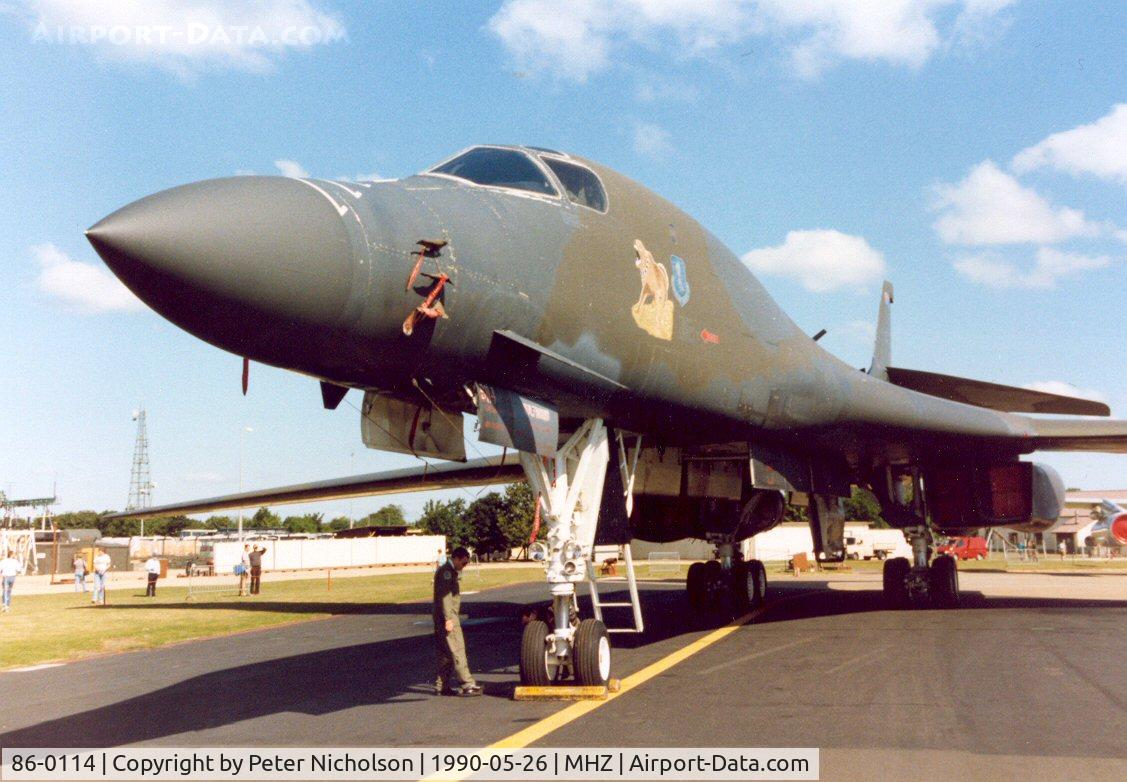 86-0114, 1986 Rockwell B-1B Lancer C/N 74, B-1B Lancer named Wolfhound, callsign Norse 10, of the 319th Bombardment Wing on display at the 1990 RAF Mildenhall Air Fete.