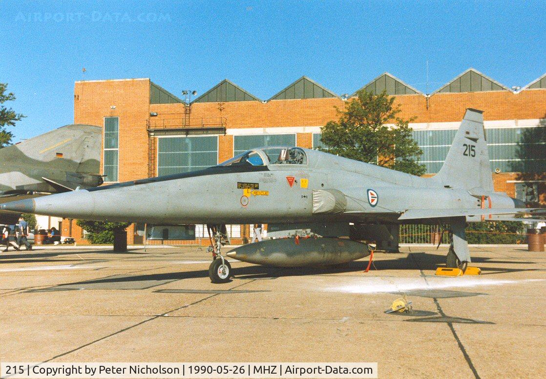215, 1966 Northrop F-5A Freedom Fighter C/N N.7038, F-5A Freedom Fighter 215 of 336 Skv Royal Norwegian Air Force on display at the 1990 RAF Mildenhall Air Fete.
