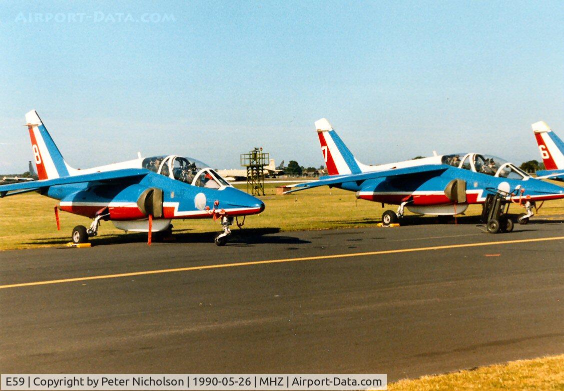 E59, Dassault-Dornier Alpha Jet E C/N E59, Alpha Jet E number 7 of the Patrouille de France aerobatic display team at the 1990 RAF Mildenhall Air Fete.