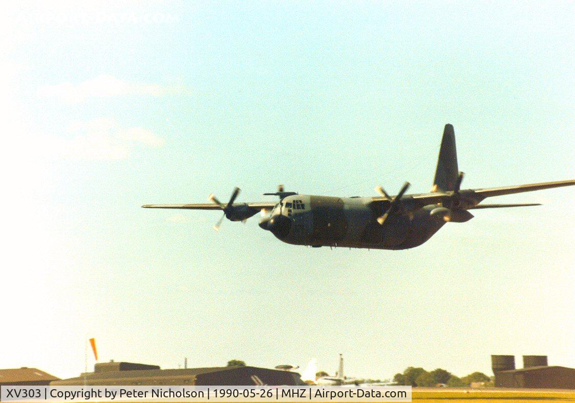 XV303, 1967 Lockheed C-130K Hercules C.3 C/N 382-4271, Hercules C.3 of the Lyneham Transport Wing on a fly-past at the 1990 RAF Mildenhall Air Fete and acting as support aircraft for the RAF Falcons parachute display team.