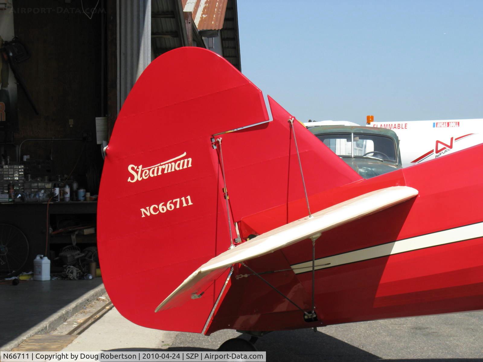N66711, 1941 Boeing IB75A C/N 75-1675, 1941 Boeing Stearman IB75A, Jacobs R-755B2 275 Hp newly rebuilt engine, aircraft in total rebuild at Rowena's Flying Fabric Company, Tail logo, Restricted-Experimental class