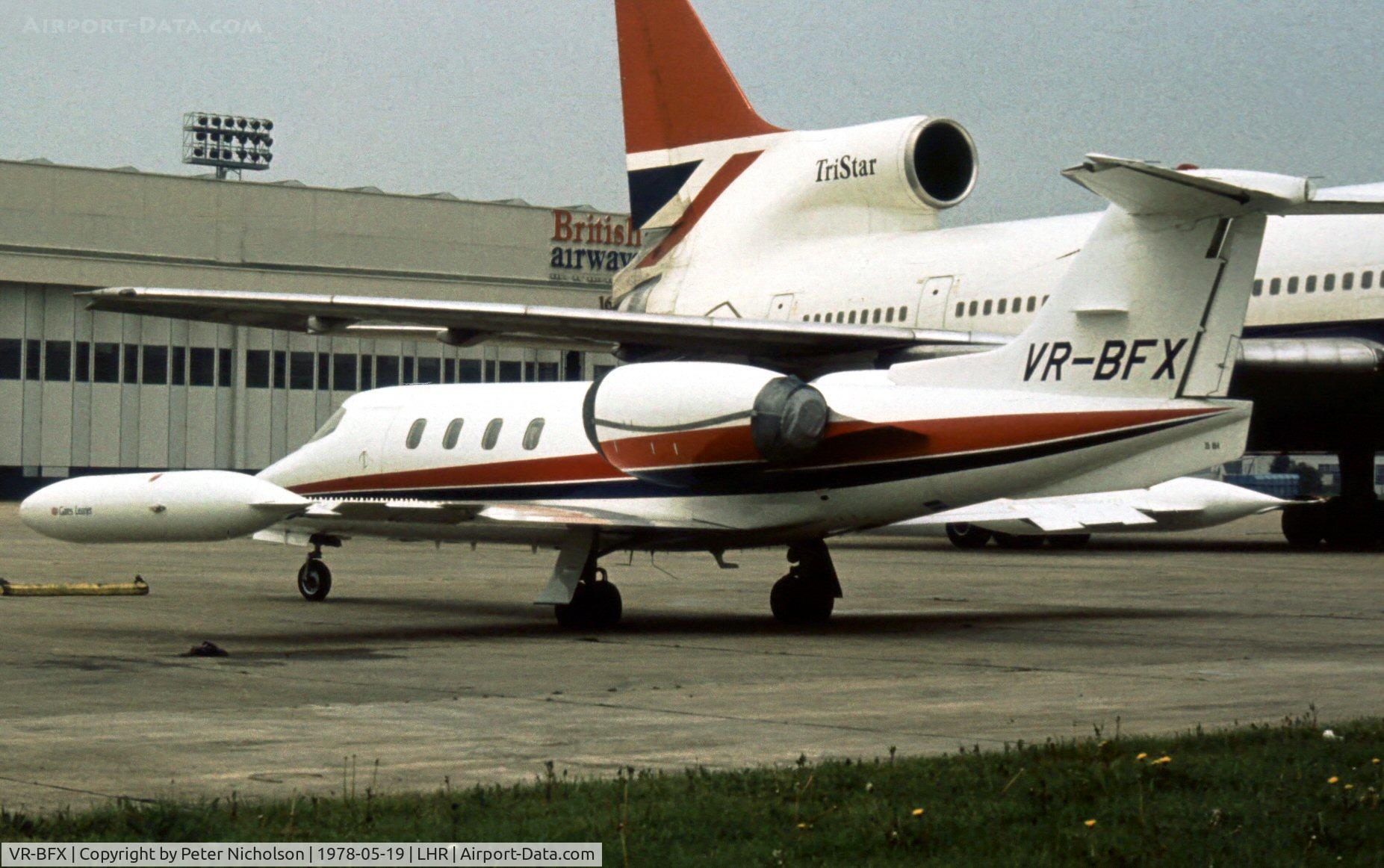 VR-BFX, 1976 Gates LearJet 35 C/N 35-054, Learjet 35 of Aristotle Onassis's Olympic Maritime S.A company parked at Heathrow in May 1978.