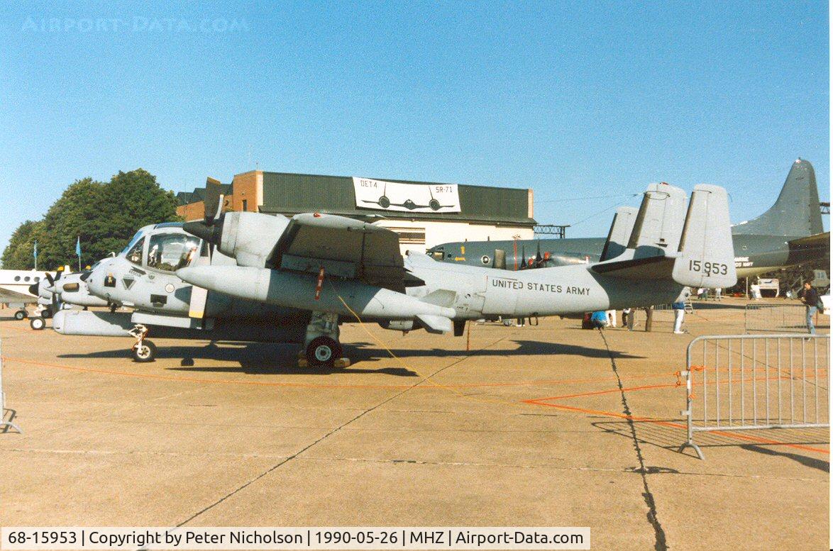 68-15953, 1969 Grumman OV-1C Mohawk C/N 157C, OV-1D Mohawk of Wiesbaden's 1st Military Intelligence Battalion on display at the 1990 RAF Mildenhall Air Fete.