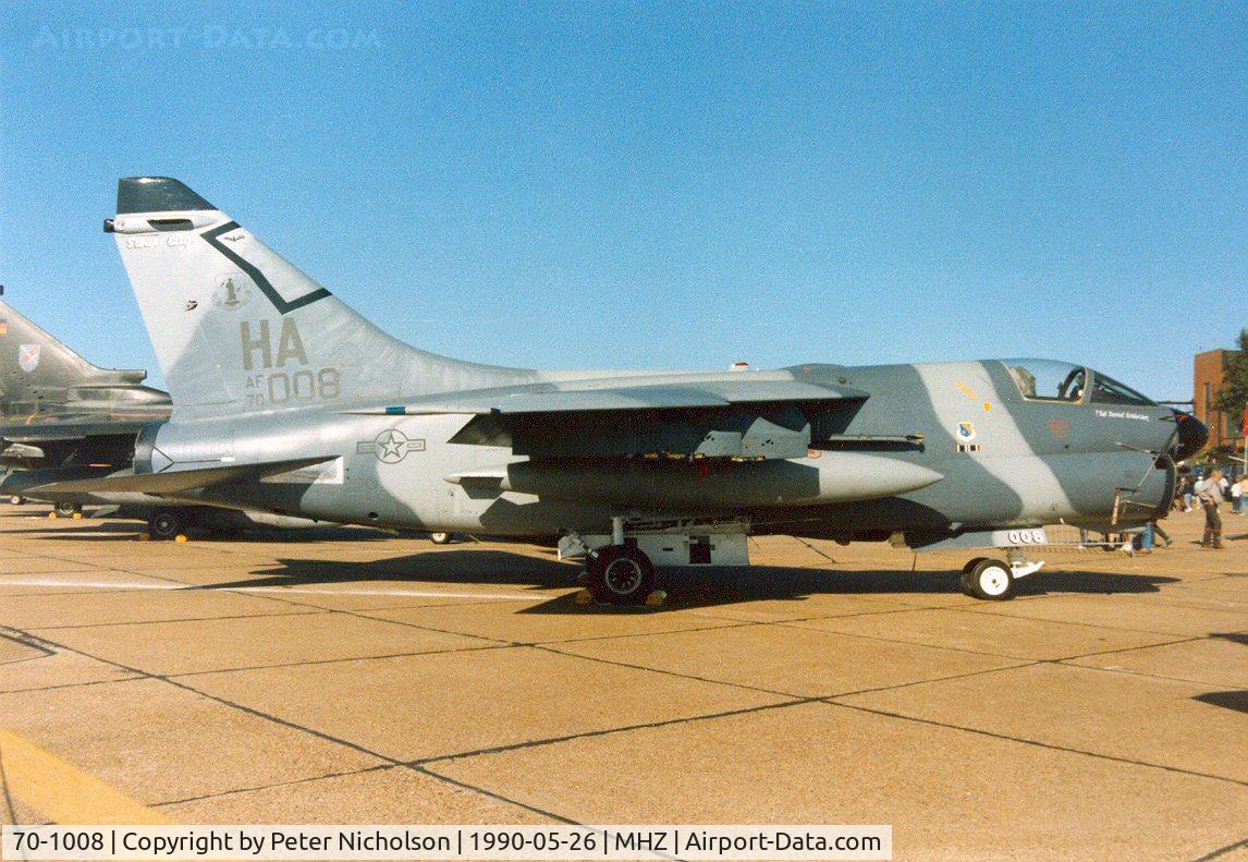 70-1008, 1970 LTV A-7D Corsair II C/N D-154, A-7D Corsair of Iowa Air National Guard's 174th Tactical Fighter Squadron on display at the 1990 RAF Mildenhall Air Fete.