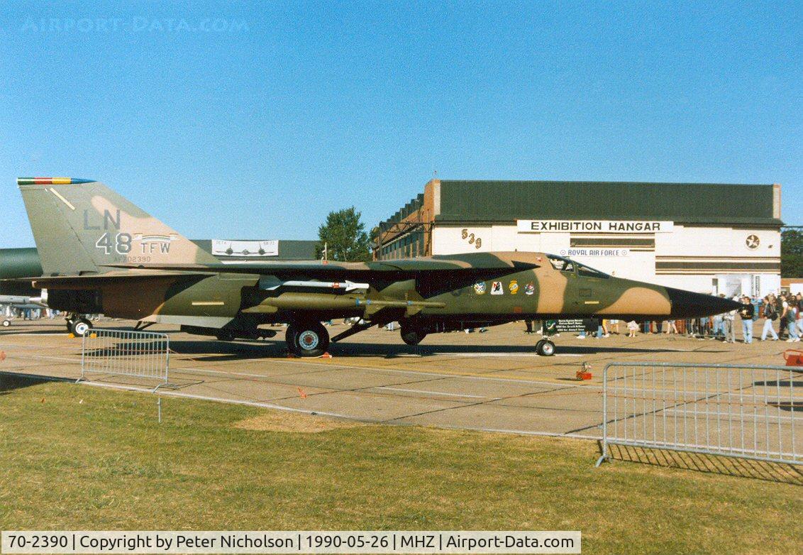 70-2390, 1970 General Dynamics F-111F Aardvark C/N E2-29, The 48th Tactical Fighter Wing's Commanding Officer's F-111F named Miss Liberty II on display at the 1990 RAF Mildenhall Air Fete and now preserved at the National Museum of the USAF.