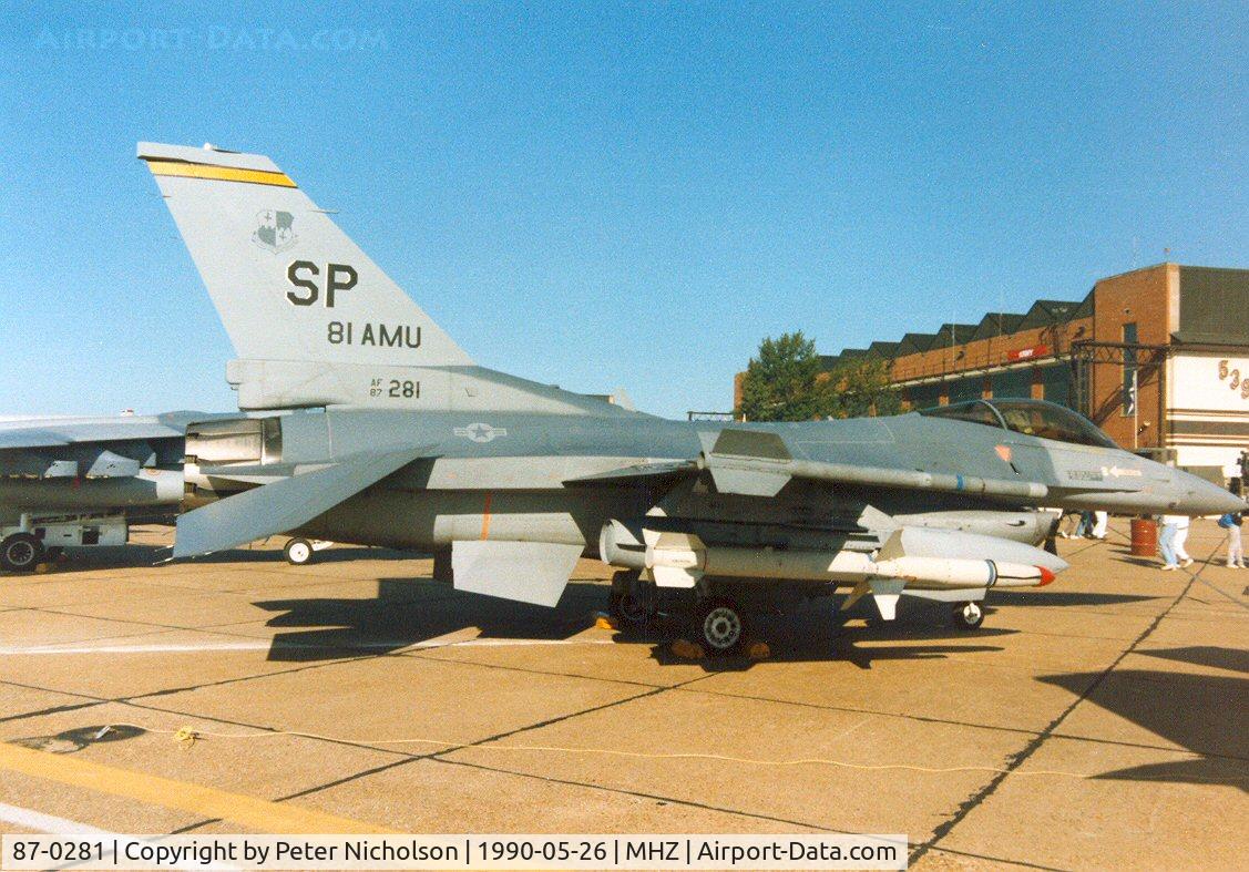87-0281, 1986 General Dynamics F-16C Fighting Falcon C/N 5C-542, F-16C Falcon of 480th Tactical Fighter Squadron/52nd Tactical Fighter Wing at Spangdahlem on display at the 1990 RAF Mildenhall Air Fete.