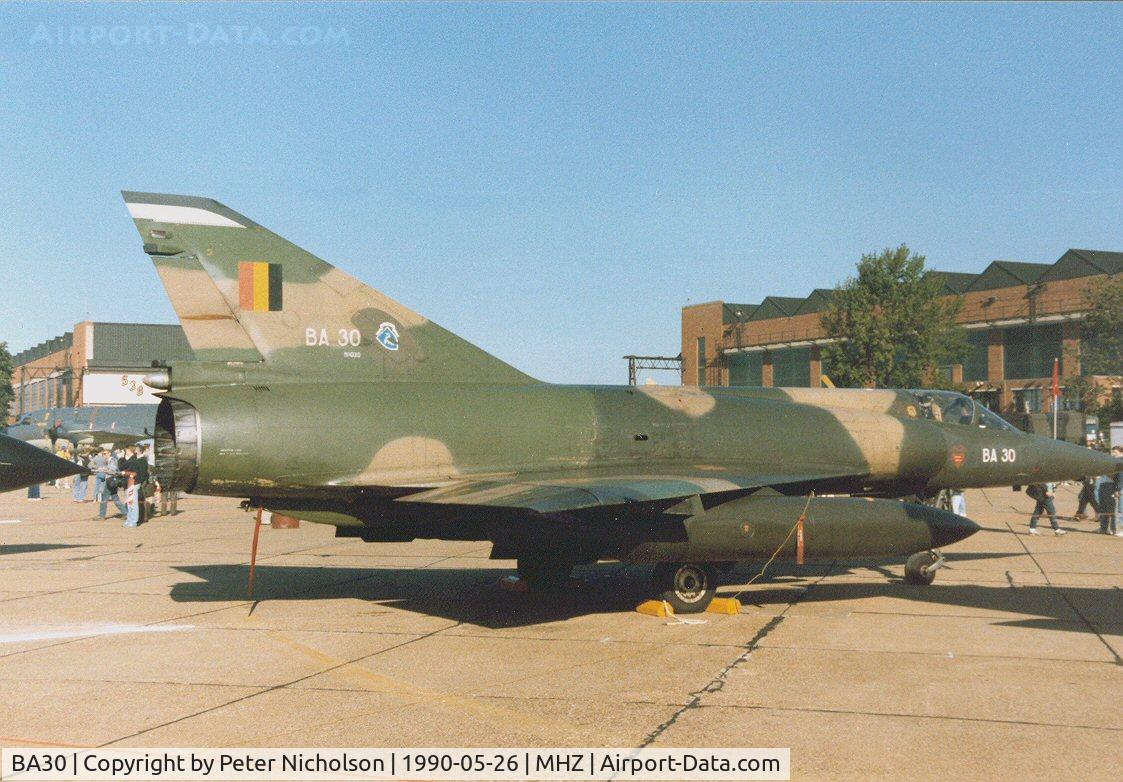 BA30, SABCA Mirage 5BA C/N 30, Mirage 5BA of 8 Squadron Belgian Air Force in the static park at the 1990 RAF Mildenhall Air Fete.