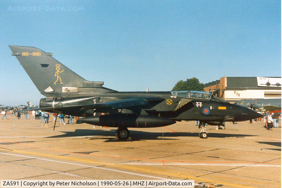 ZA591, 1982 Panavia Tornado GR.1 C/N 104/BS034/3055, Tornado GR.1 of 16 Squadron in 75th anniversary markings in the static park at the 1990 RAF Mildenhall Air Fete.