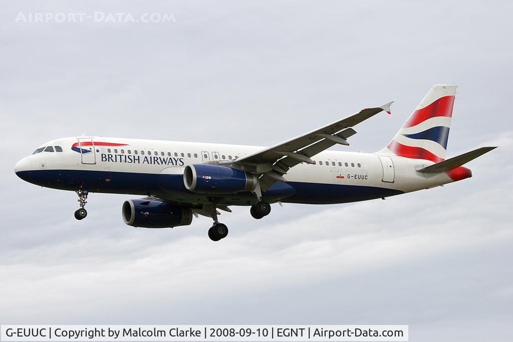 G-EUUC, 2001 Airbus A320-232 C/N 1696, Airbus A320-232 on approach to Rwy 25 at Newcastle Airport in 2008.