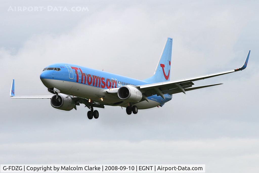 G-FDZG, 2008 Boeing 737-8K5 C/N 35139, Boeing 737-8K5 on approach to Rwy 25 at Newcastle Airport in 2008.