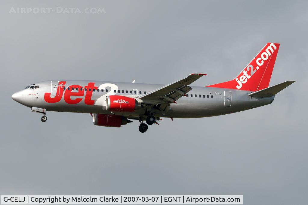 G-CELJ, 1986 Boeing 737-330 C/N 23529, Boeing 737-330 on approach to Rwy 25 at Newcastle Airport in 2007.