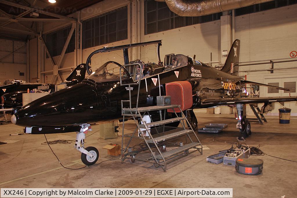 XX246, 1978 Hawker Siddeley Hawk T.1A C/N 082/312082, British Aerospace Hawk T1A in the 100 Sqn hangar at RAF Leeming in 2009.