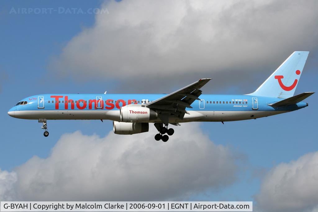 G-BYAH, 1992 Boeing 757-204 C/N 26966, Boeing 757-204 on approach to Rwy 25 at Newcastle Airport in 2006.