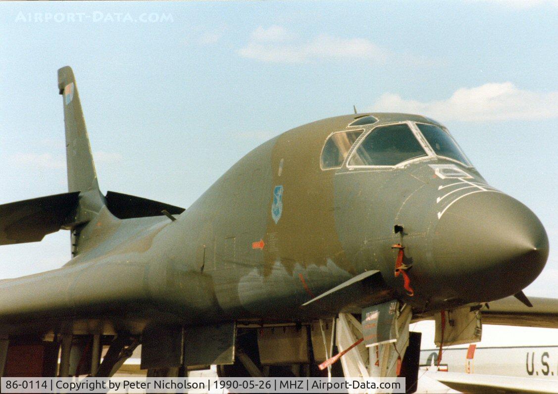 86-0114, 1986 Rockwell B-1B Lancer C/N 74, B-1B Lancer named Wolfhound of the 319th Bomb Wing at Grand Forks AFB in the static park at the 1990 RAF Mildenhall Air Fete.
